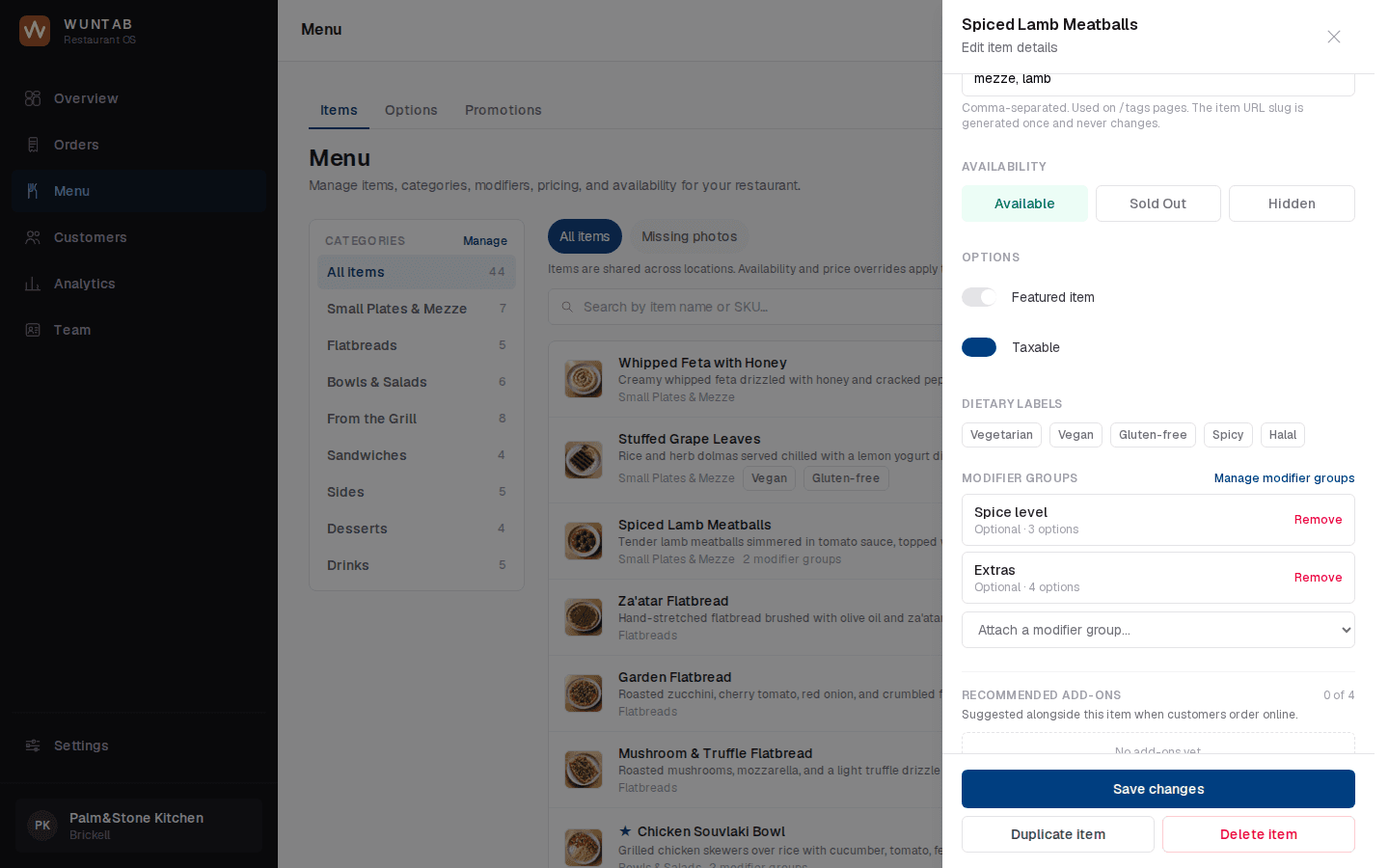 An item's availability, sold out, and modifiers