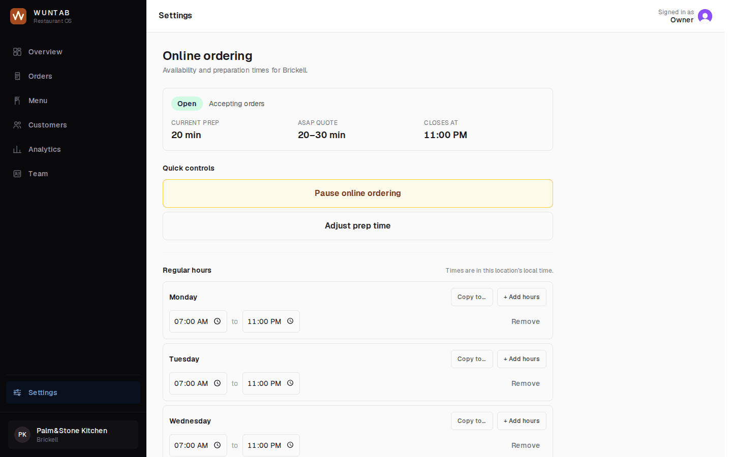 Hours, pause ordering, and prep time