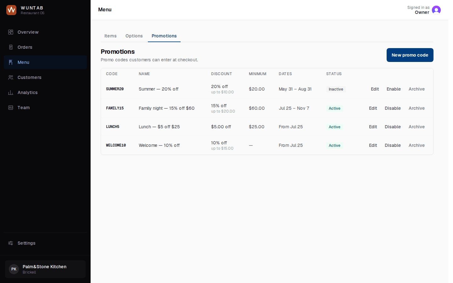Promo codes, set up in your dashboard